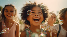Multi-ethnic Group Of Little Friends With Toothy Smiles On Their Faces Enjoying Warm Sunny Day While Participating In Soap Bubbles Show. Generative Ai.