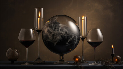 Glasses of red wine and crystal ball with smoke on dark background