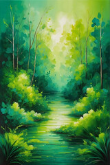 Poster - Abstract green nature textured oil painting
