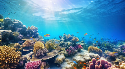 Wall Mural - Underwater view of a colorful sea coral reef with fishes. Ocean ecosystem. Generative AI