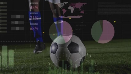 Poster - Animation of financial data processing over legs of male football player with ball