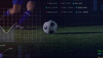 Poster - Animation of financial data processing over legs of male football player with ball