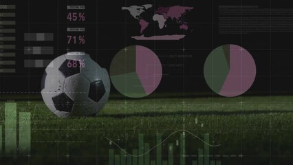 Poster - Animation of financial data processing over legs of male football player with ball