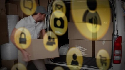 Sticker - Animation of network of connections with icons over caucasian delivery man by van in warehouse