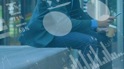 Poster - Animation of financial data processing over caucasian businessman using smartphone
