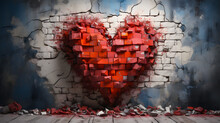 Heart Isolated Against A Brick Wall Background, Crumbling Bricks, Heart Supporting The Wall. Love Concept With A Brick Crumbling Wall.