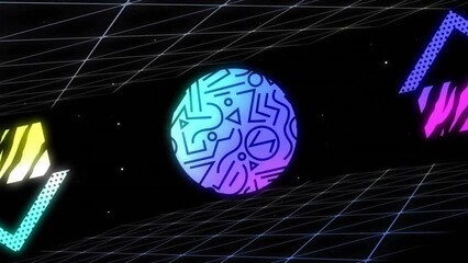 Poster - Animation of circles and shapes moving over grid on black background