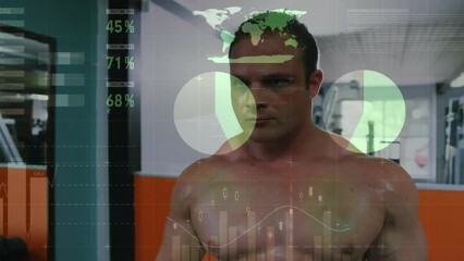 Poster - Animation of financial data processing over biracial man exercising in gym