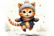 Cute cartoon cat in the snow, in a winter forest, wearing a hat and scarf. Space for text
