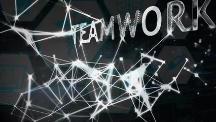 Poster - Animation of network of connections with icons over teamwork text and globe