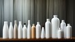 White detergent bottles without labels. The theme of minimalism and beautiful home furnishings.