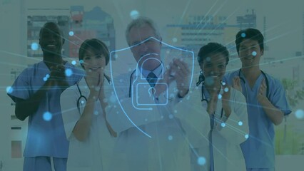 Poster - Animation of padlock icon over diverse doctors clapping in hospital