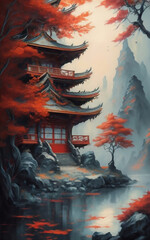 Pagoda of the Whispering Maples, Digital Landscape Painting,Blend of Two Styles, Atmospheric Brushwork, Capturing the mystic mood of a serene landscape. Generative AI