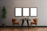 Fototapeta Panele - Mockup of posters or framed paintings in a dining room with a wooden table and chairs