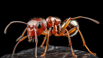 close up of an ant on black isolated background, macro photography