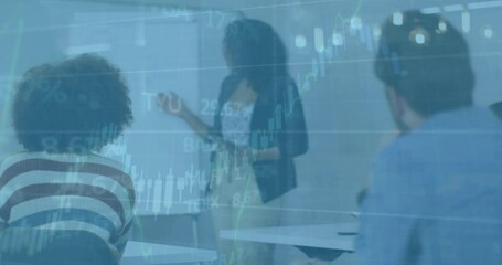 Poster - Animation of data processing and statistics over diverse businesspeople in office