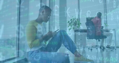 Poster - Animation of data processing and currency signs over diverse businesspeople in office