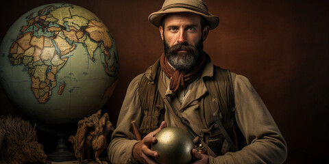 Wall Mural - 19th-century explorer, rugged appearance, safari attire, standing with a globe, map backdrop
