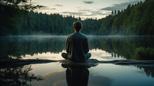 Portrait In Nature, Individual Sitting By A Still Lake, Mirrored Image On Water, Peaceful Dawn Light