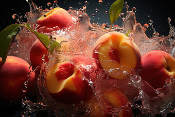 Wall Mural - Peaches in splashes of water. Generative AI.