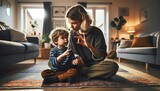 Fototapeta  - A mother teaches sign language to her young child. One of the best ways to start teaching sign language to kids is by teaching them basic vocabulary. 
