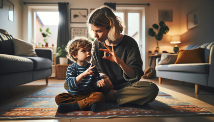 A mother teaches sign language to her young child. One of the best ways to start teaching sign language to kids is by teaching them basic vocabulary. 