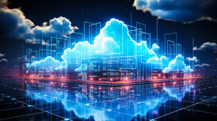 Poster - digital illustration of cloud computing network with glowing blue clouds and data streams on a futur