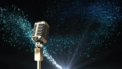 Poster - Animation of retro microphone with copy space over glowing blue spots of light on dark background