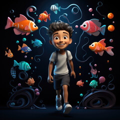 Wall Mural - 3d cartoon Character of boy in the water with fish