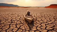  Man On The Boat In A Dry Lake, Dry Cracked Soil