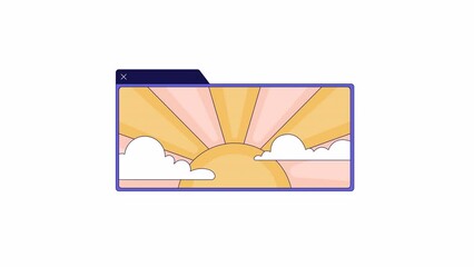 Poster - Application window sunrise morning line 2D object animation. Sunrays clouds videoplayer flat color cartoon 4K video, alpha channel. Golden hour sky media streaming animated item on white background