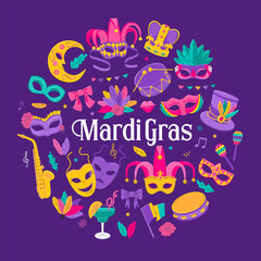 Wall Mural - Mardi Gras Carnival design elements. Decoration for carnival, festival, masquerade party. Venetian mask, crown, feathers, flags, musical instruments. Vector isolated illustrations.