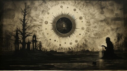 Wall Mural - Ancient Prophecy: Thales Predicting a Solar Eclipse in a Painting on Old Paper