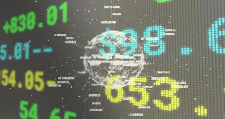 Poster - Animation of globe and network of connections with icons and financial data processing