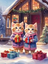 Two Smiling Kittens Wearing Cozy Knitted Outfits And Holding Gifts In Their Hands. Decorated Christmas Cabins Are In The Background.