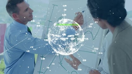 Poster - Animation of network of connections with globe over diverse business people in office
