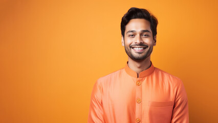 Poster - Gleeful South Asian man, 20s, with short jet-black hair in orange studio