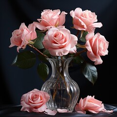 Poster - Gorgeous fresh pink roses stand in a glass porcelain vase on the table.