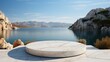 Beautiful round marble empty pedestal. Against the backdrop of the blue sea and island.