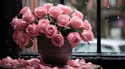 Poster - A bouquet of beautiful pink roses against the background of a window on a rainy day.