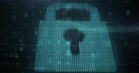 Poster - Animation of dots forming padlock over texts, letters, symbols and numbers on abstract background