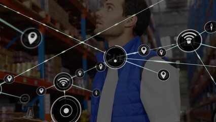Poster - Animation of connected icons over caucasian man checking inventory in warehouse