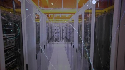 Wall Mural - Animation of connected dots and lens flares over data server racks in server room