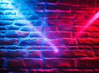 Wall Mural - Neon light on brick walls that are not plastered background and texture. Lighting effect red and blue neon background