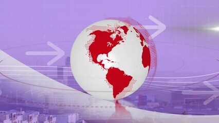 Poster - Animation of rotating globe and arrows with lens flare over modern city against sky