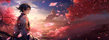 Handsome Man Standing Over Hill With Cloudscape And Castle As Background, Cherry Blossom Wind Blowing Petal, Anime Illustration, Ai Generative 