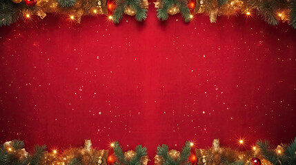 Wall Mural - Christmas background with xmas tree and sparkle bokeh lights on red canvas background. Merry christmas card. Winter holiday theme. Happy New Year. Space for text, top view	
