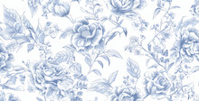 French Toile Floral Line Art Pattern On A White, Abstract Floral Background