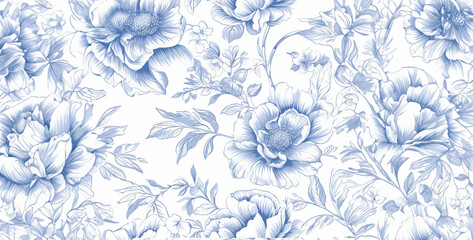 Poster - French toile floral line art pattern on a white. Generative Ai content