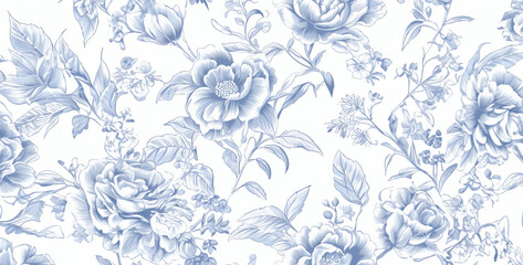 Poster - French toile floral line art pattern on a white, abstract floral background. Generative Ai content	